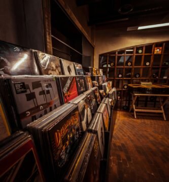 a room with shelves and posters