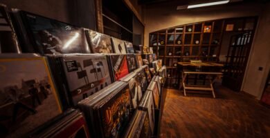 a room with shelves and posters